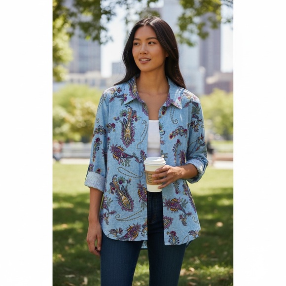 Talbots Tops - Talbots 100% Cotton Blue Paisley Print Button Front Blouse Size Medium